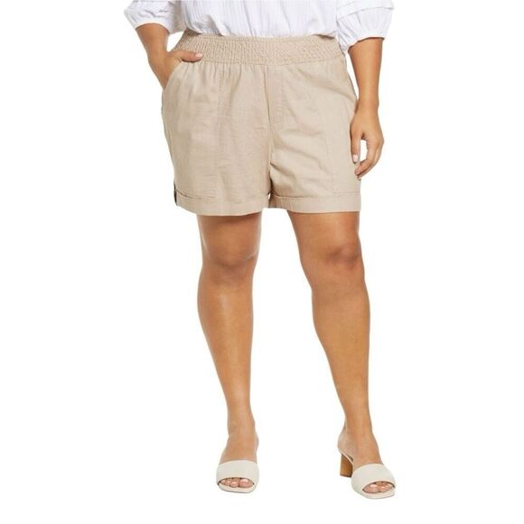 WIT & WISDOM Linen Tan Skyrise Smocked Waist Shorts Size Medium - Picture 1 of 11